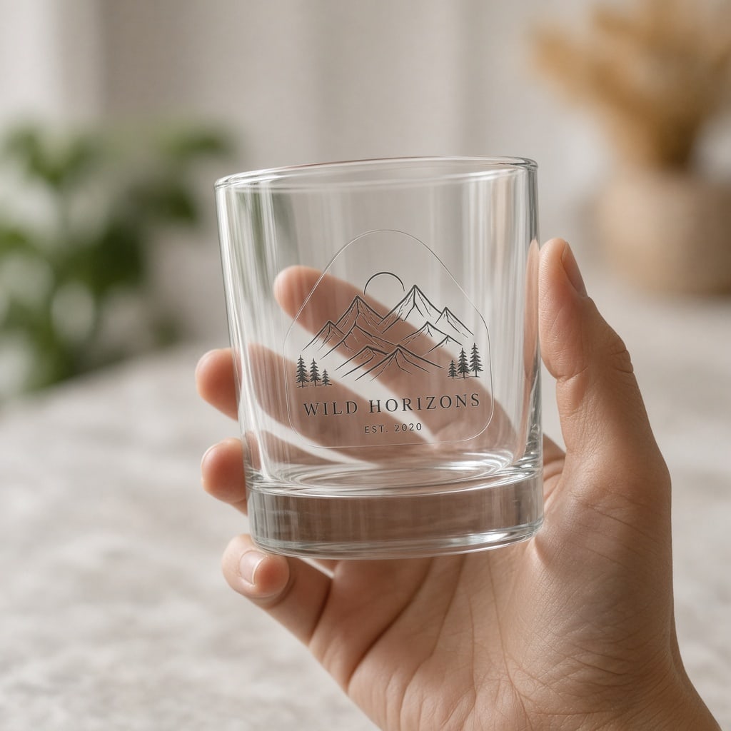 Texto en pegatina sobre un vaso