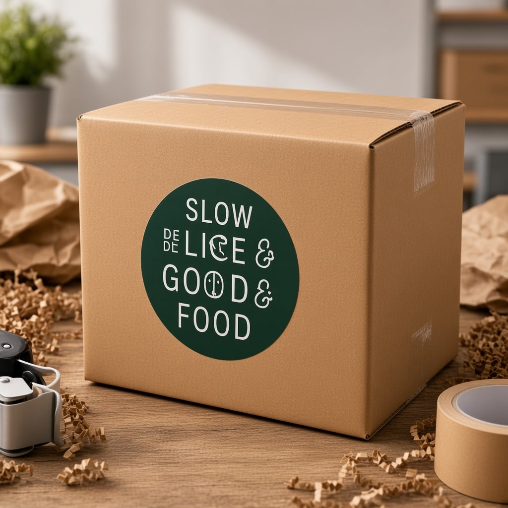 Caja con pegatina de eslogan