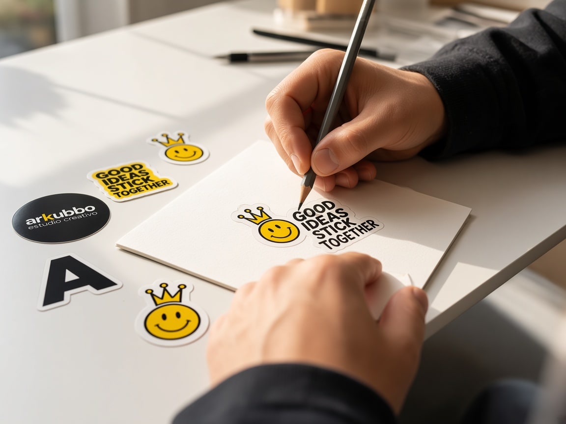 Diseño de pegatinas con logotipo sobre mesa de trabajo