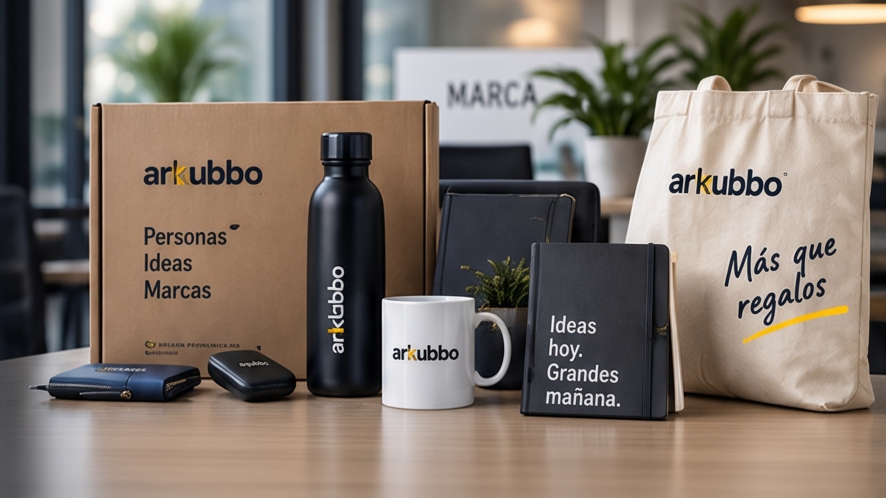 Botella, taza, libreta y tote personalizados sobre una mesa de oficina