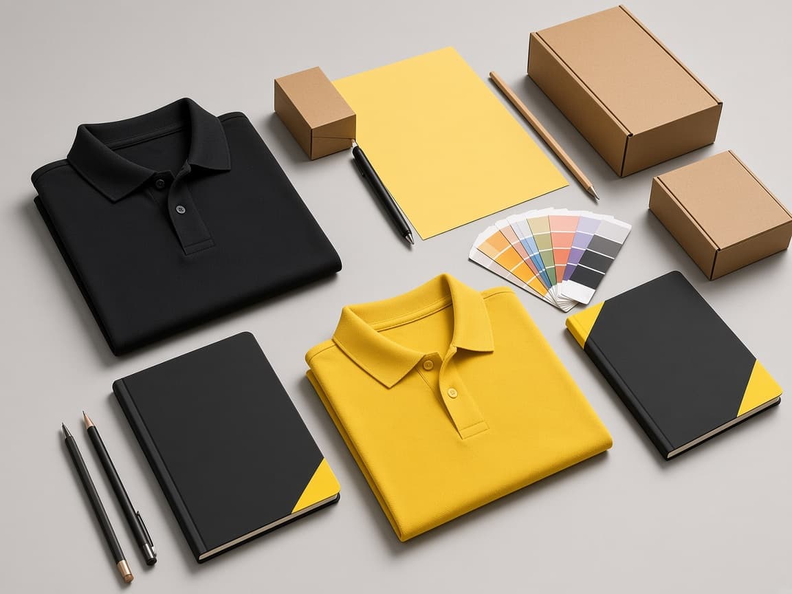 Kit de marca Arkubbo: polos, papelería, cajas y muestrario de color