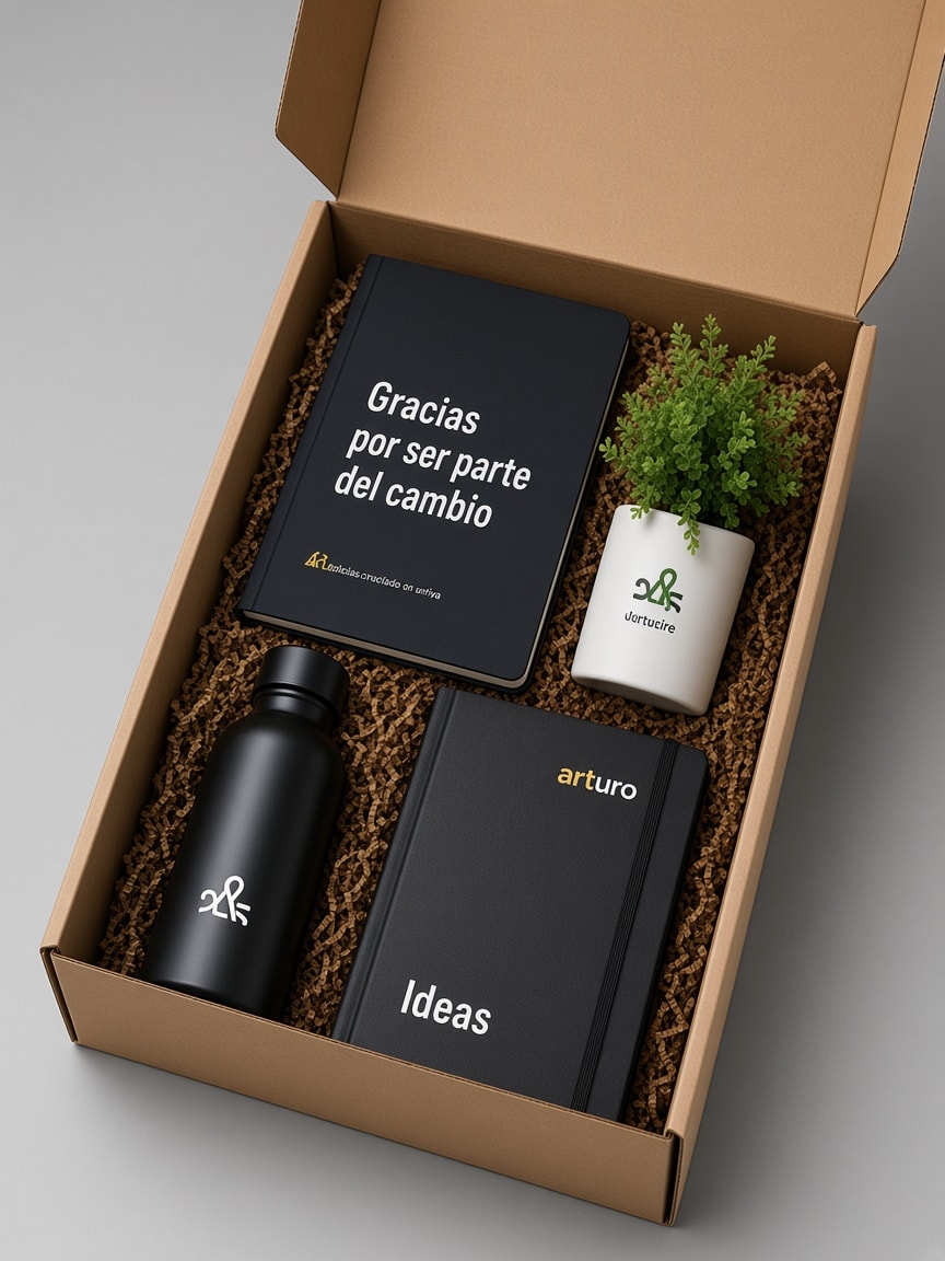 Caja de welcome pack con botella, libreta y textil