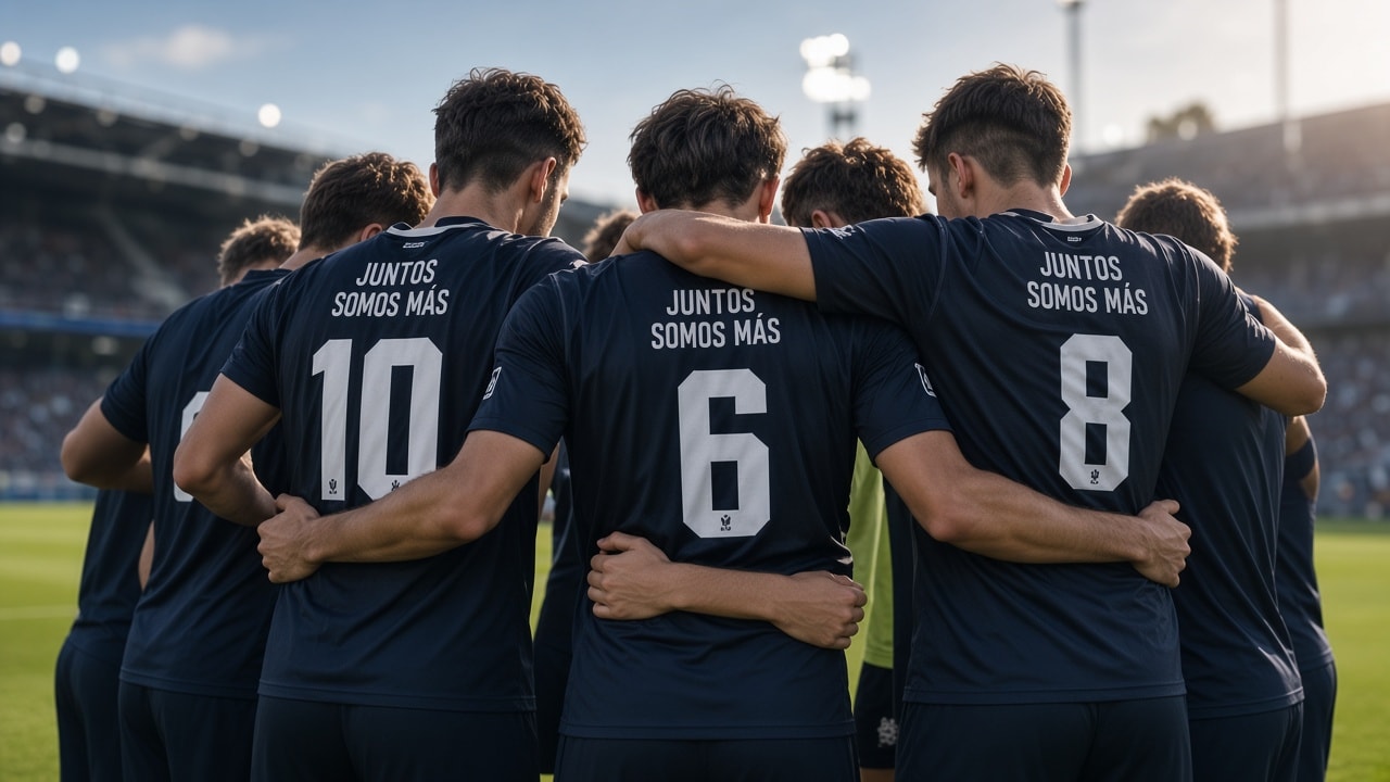 Equipo de espaldas con camisetas azul marino con nombre y dorsal