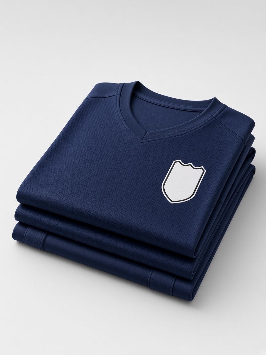 Camisetas deportivas azul marino dobladas con escudo en blanco