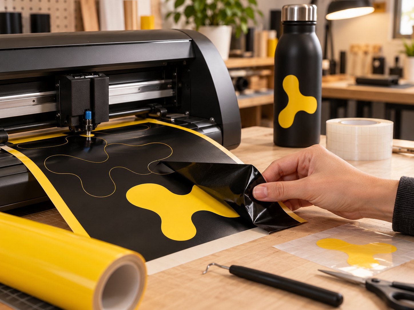 Plotter cortando vinilo amarillo para personalizar un artículo promocional