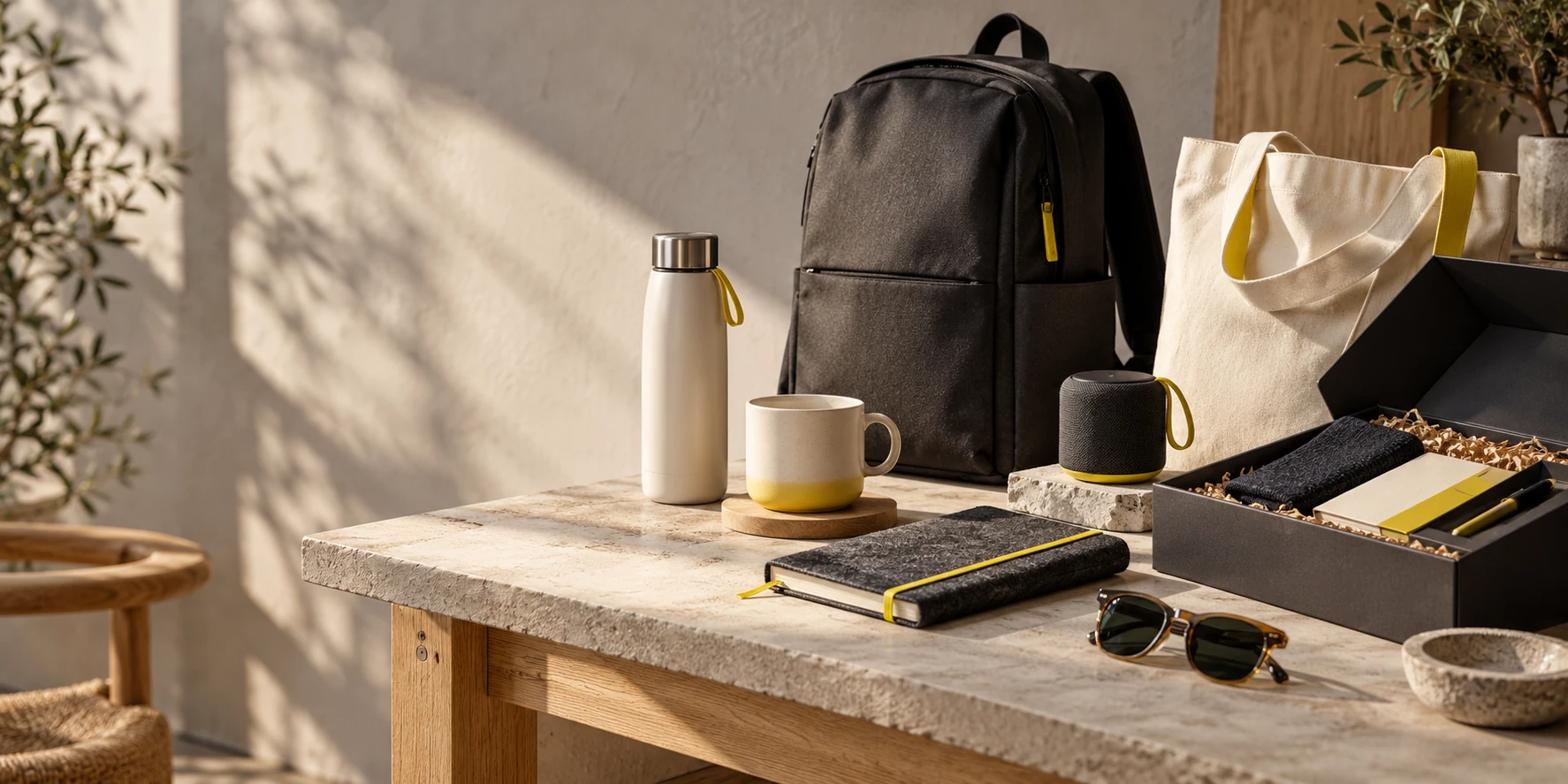 Selección editorial de mochila, botella, taza, libreta y accesorios promocionales